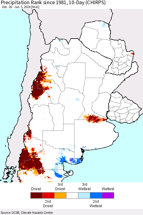 Southern South America Precipitation Rank since 1981, 10-Day (CHIRPS) Thematic Map For 12/26/2023 - 1/5/2024