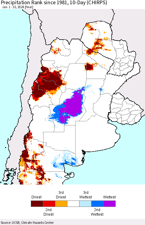 Southern South America Precipitation Rank since 1981, 10-Day (CHIRPS) Thematic Map For 1/1/2024 - 1/10/2024