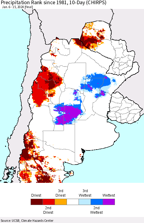 Southern South America Precipitation Rank since 1981, 10-Day (CHIRPS) Thematic Map For 1/6/2024 - 1/15/2024