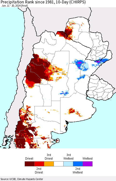 Southern South America Precipitation Rank since 1981, 10-Day (CHIRPS) Thematic Map For 1/11/2024 - 1/20/2024