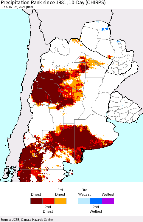 Southern South America Precipitation Rank since 1981, 10-Day (CHIRPS) Thematic Map For 1/16/2024 - 1/25/2024