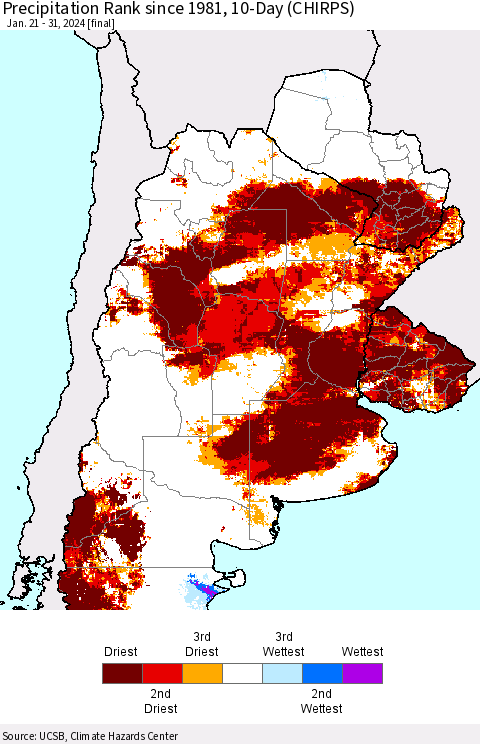Southern South America Precipitation Rank since 1981, 10-Day (CHIRPS) Thematic Map For 1/21/2024 - 1/31/2024