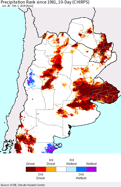 Southern South America Precipitation Rank since 1981, 10-Day (CHIRPS) Thematic Map For 1/26/2024 - 2/5/2024