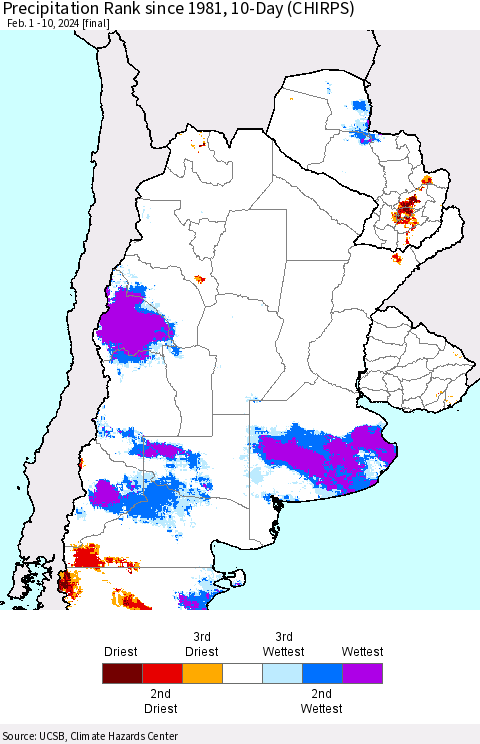 Southern South America Precipitation Rank since 1981, 10-Day (CHIRPS) Thematic Map For 2/1/2024 - 2/10/2024