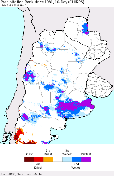 Southern South America Precipitation Rank since 1981, 10-Day (CHIRPS) Thematic Map For 2/6/2024 - 2/15/2024