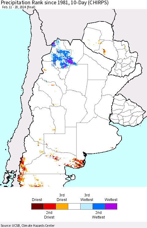Southern South America Precipitation Rank since 1981, 10-Day (CHIRPS) Thematic Map For 2/11/2024 - 2/20/2024