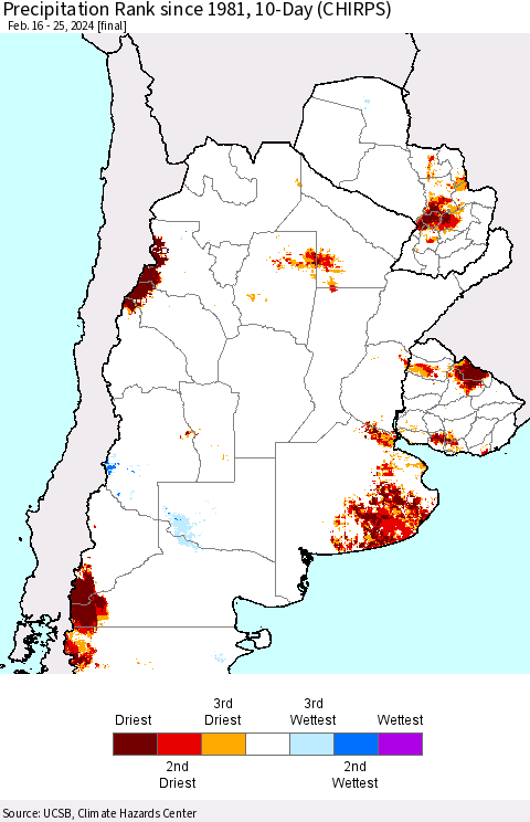 Southern South America Precipitation Rank since 1981, 10-Day (CHIRPS) Thematic Map For 2/16/2024 - 2/25/2024