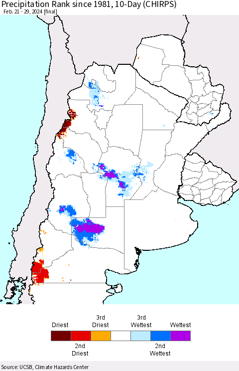 Southern South America Precipitation Rank since 1981, 10-Day (CHIRPS) Thematic Map For 2/21/2024 - 2/29/2024
