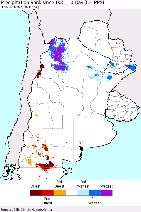 Southern South America Precipitation Rank since 1981, 10-Day (CHIRPS) Thematic Map For 2/26/2024 - 3/5/2024