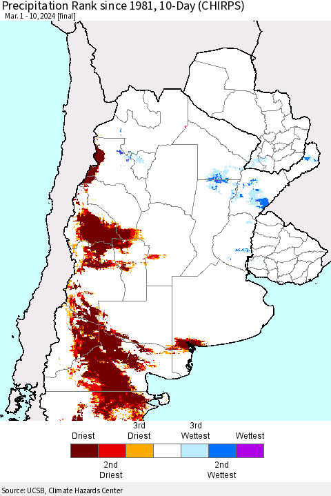 Southern South America Precipitation Rank since 1981, 10-Day (CHIRPS) Thematic Map For 3/1/2024 - 3/10/2024