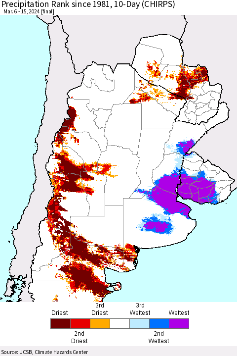 Southern South America Precipitation Rank since 1981, 10-Day (CHIRPS) Thematic Map For 3/6/2024 - 3/15/2024