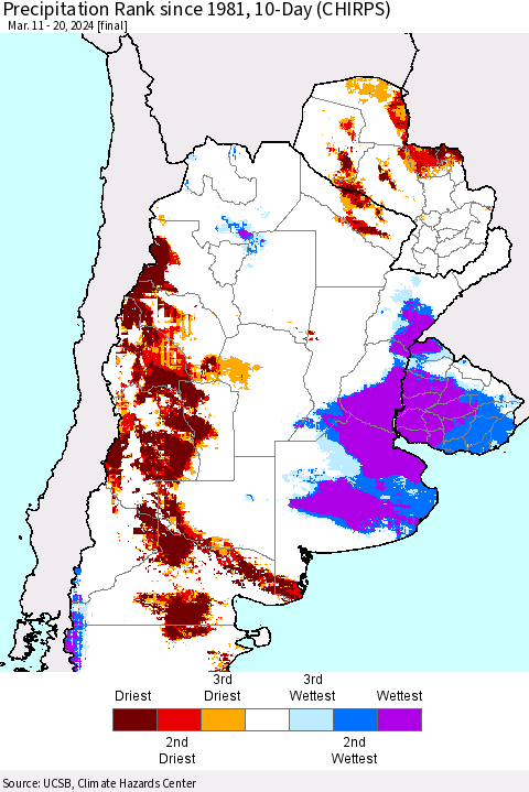Southern South America Precipitation Rank since 1981, 10-Day (CHIRPS) Thematic Map For 3/11/2024 - 3/20/2024