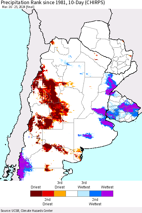 Southern South America Precipitation Rank since 1981, 10-Day (CHIRPS) Thematic Map For 3/16/2024 - 3/25/2024