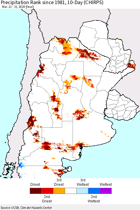 Southern South America Precipitation Rank since 1981, 10-Day (CHIRPS) Thematic Map For 3/21/2024 - 3/31/2024