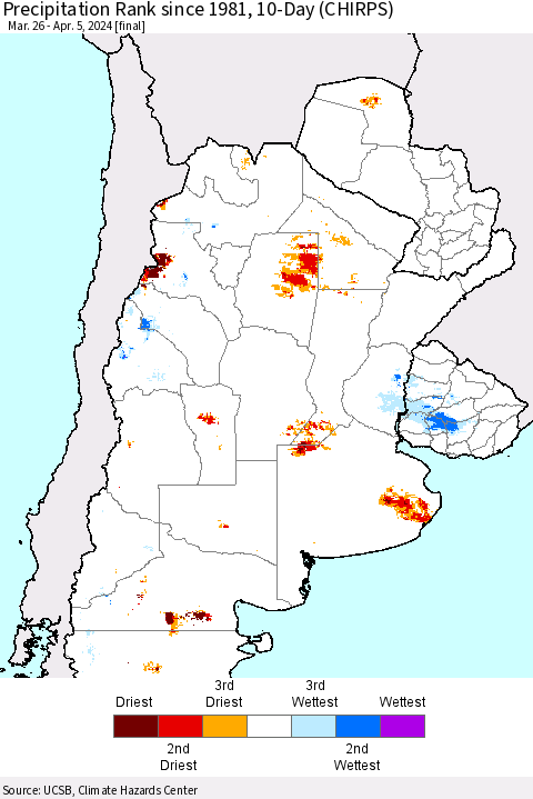 Southern South America Precipitation Rank since 1981, 10-Day (CHIRPS) Thematic Map For 3/26/2024 - 4/5/2024