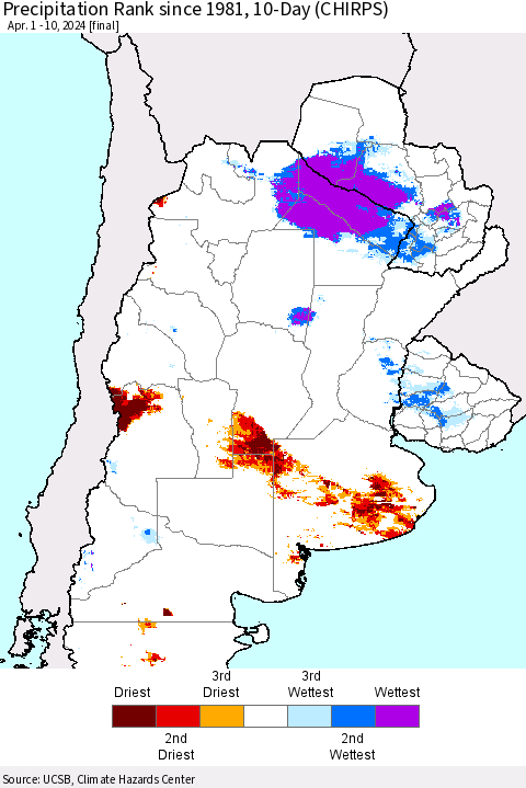 Southern South America Precipitation Rank since 1981, 10-Day (CHIRPS) Thematic Map For 4/1/2024 - 4/10/2024