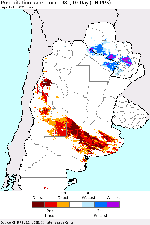 Southern South America Precipitation Rank since 1981, 10-Day (CHIRPS) Thematic Map For 4/1/2024 - 4/10/2024