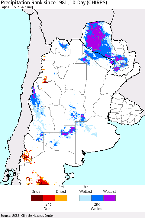 Southern South America Precipitation Rank since 1981, 10-Day (CHIRPS) Thematic Map For 4/6/2024 - 4/15/2024