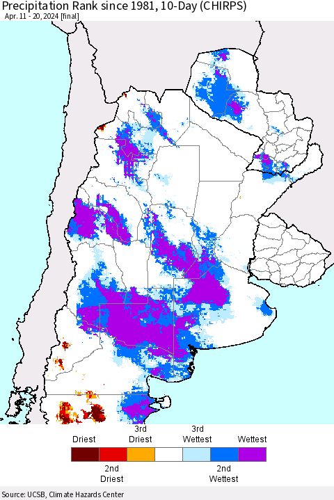 Southern South America Precipitation Rank since 1981, 10-Day (CHIRPS) Thematic Map For 4/11/2024 - 4/20/2024