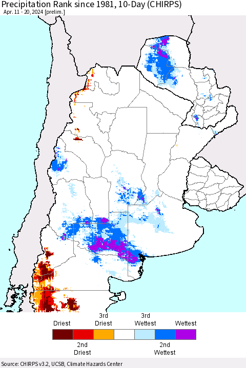 Southern South America Precipitation Rank since 1981, 10-Day (CHIRPS) Thematic Map For 4/11/2024 - 4/20/2024