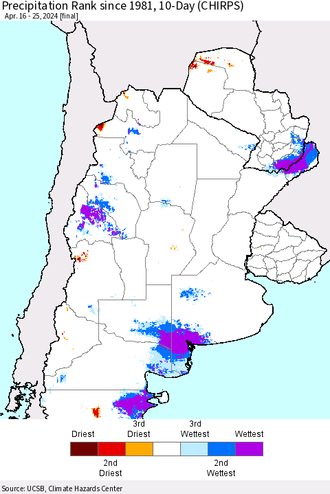 Southern South America Precipitation Rank since 1981, 10-Day (CHIRPS) Thematic Map For 4/16/2024 - 4/25/2024