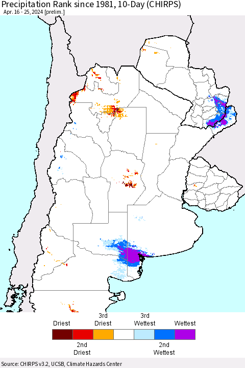 Southern South America Precipitation Rank since 1981, 10-Day (CHIRPS) Thematic Map For 4/16/2024 - 4/25/2024