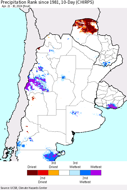 Southern South America Precipitation Rank since 1981, 10-Day (CHIRPS) Thematic Map For 4/21/2024 - 4/30/2024