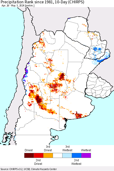 Southern South America Precipitation Rank since 1981, 10-Day (CHIRPS) Thematic Map For 4/26/2024 - 5/5/2024