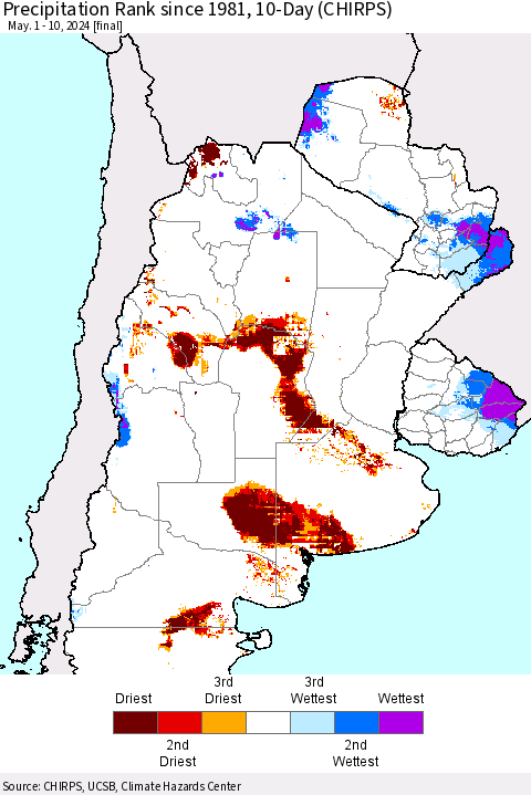Southern South America Precipitation Rank since 1981, 10-Day (CHIRPS) Thematic Map For 5/1/2024 - 5/10/2024