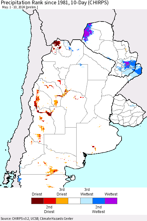 Southern South America Precipitation Rank since 1981, 10-Day (CHIRPS) Thematic Map For 5/1/2024 - 5/10/2024