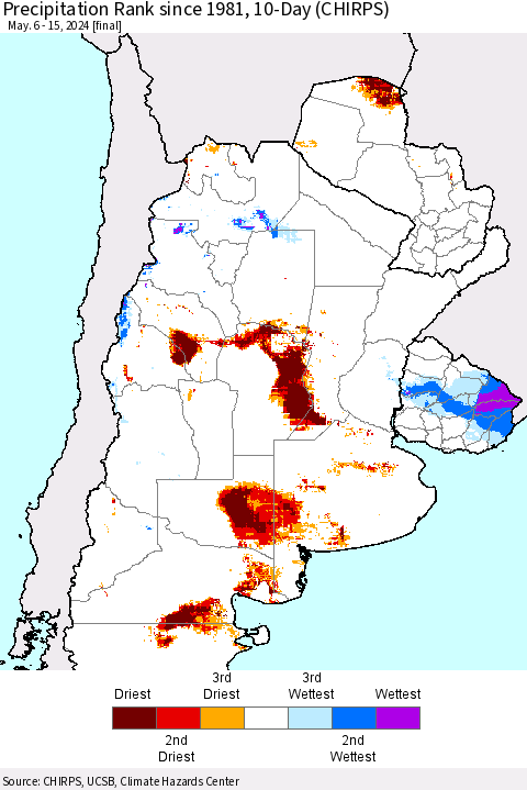 Southern South America Precipitation Rank since 1981, 10-Day (CHIRPS) Thematic Map For 5/6/2024 - 5/15/2024