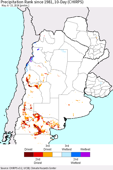 Southern South America Precipitation Rank since 1981, 10-Day (CHIRPS) Thematic Map For 5/6/2024 - 5/15/2024