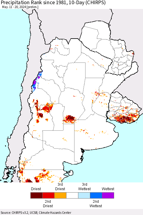 Southern South America Precipitation Rank since 1981, 10-Day (CHIRPS) Thematic Map For 5/11/2024 - 5/20/2024