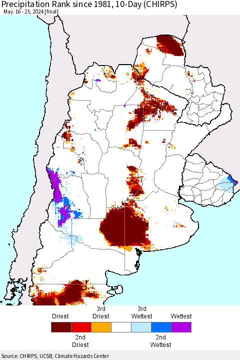 Southern South America Precipitation Rank since 1981, 10-Day (CHIRPS) Thematic Map For 5/16/2024 - 5/25/2024