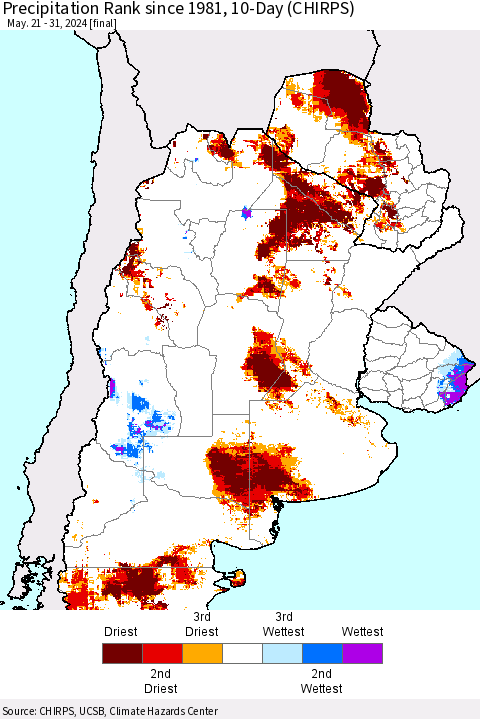 Southern South America Precipitation Rank since 1981, 10-Day (CHIRPS) Thematic Map For 5/21/2024 - 5/31/2024