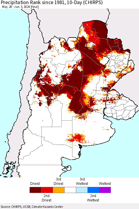 Southern South America Precipitation Rank since 1981, 10-Day (CHIRPS) Thematic Map For 5/26/2024 - 6/5/2024