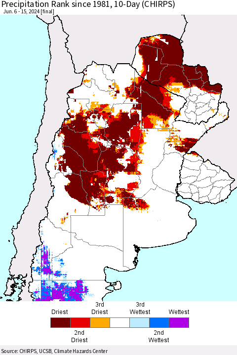 Southern South America Precipitation Rank since 1981, 10-Day (CHIRPS) Thematic Map For 6/6/2024 - 6/15/2024