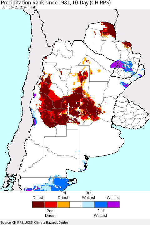Southern South America Precipitation Rank since 1981, 10-Day (CHIRPS) Thematic Map For 6/16/2024 - 6/25/2024