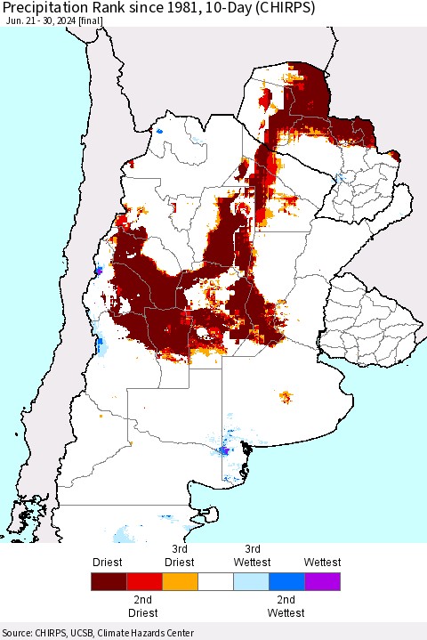 Southern South America Precipitation Rank since 1981, 10-Day (CHIRPS) Thematic Map For 6/21/2024 - 6/30/2024