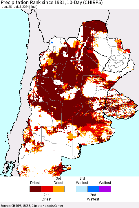 Southern South America Precipitation Rank since 1981, 10-Day (CHIRPS) Thematic Map For 6/26/2024 - 7/5/2024