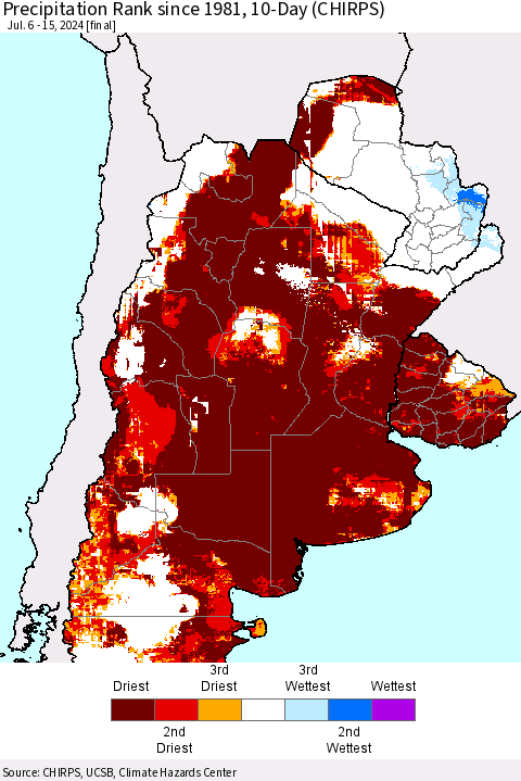 Southern South America Precipitation Rank since 1981, 10-Day (CHIRPS) Thematic Map For 7/6/2024 - 7/15/2024