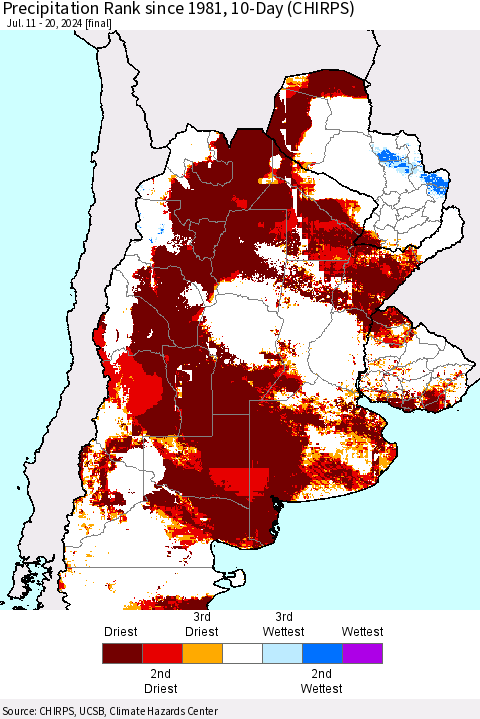 Southern South America Precipitation Rank since 1981, 10-Day (CHIRPS) Thematic Map For 7/11/2024 - 7/20/2024