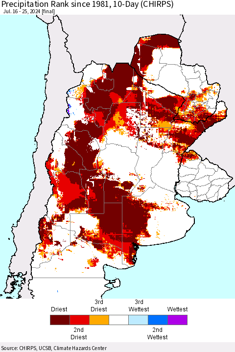 Southern South America Precipitation Rank since 1981, 10-Day (CHIRPS) Thematic Map For 7/16/2024 - 7/25/2024
