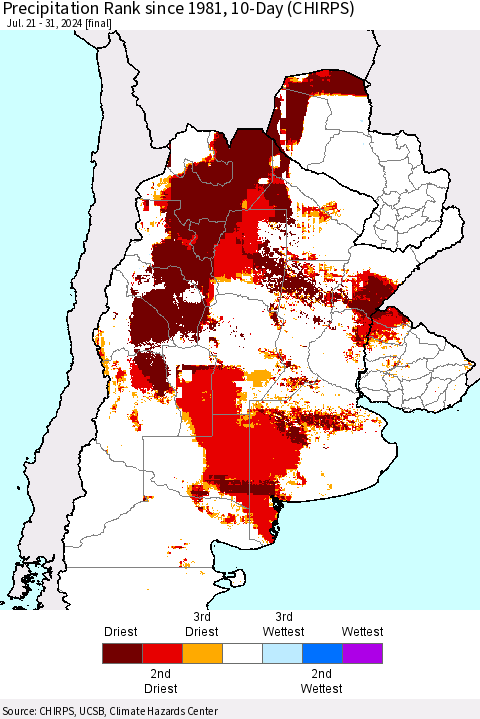Southern South America Precipitation Rank since 1981, 10-Day (CHIRPS) Thematic Map For 7/21/2024 - 7/31/2024