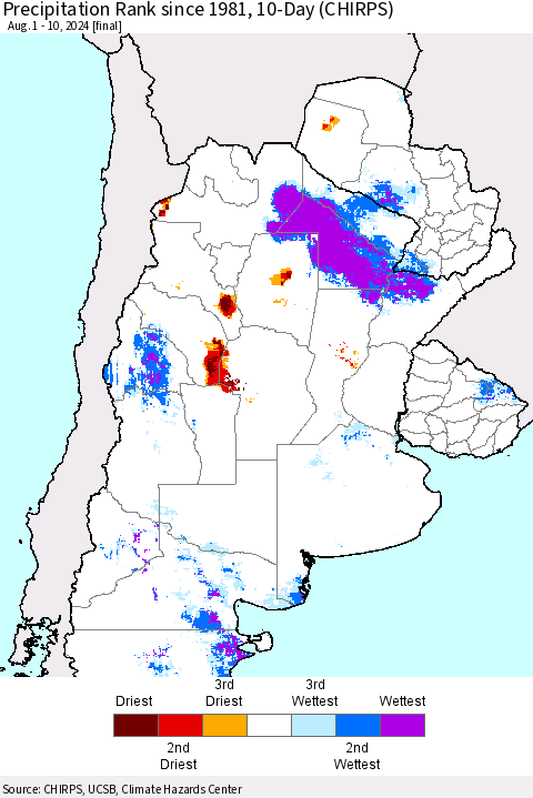 Southern South America Precipitation Rank since 1981, 10-Day (CHIRPS) Thematic Map For 8/1/2024 - 8/10/2024