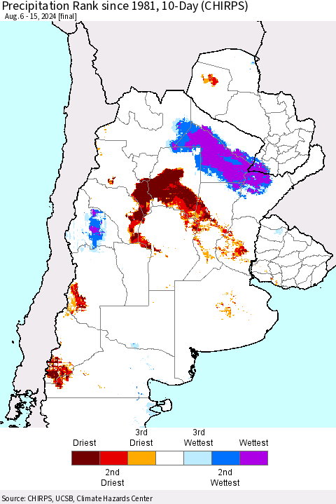 Southern South America Precipitation Rank since 1981, 10-Day (CHIRPS) Thematic Map For 8/6/2024 - 8/15/2024
