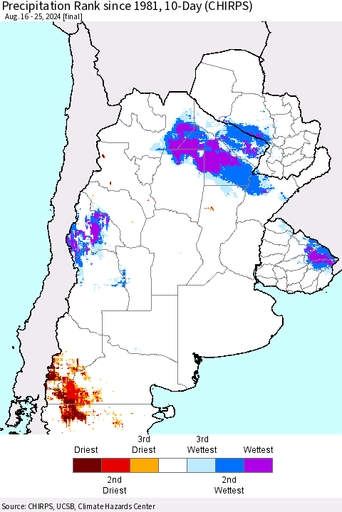 Southern South America Precipitation Rank since 1981, 10-Day (CHIRPS) Thematic Map For 8/16/2024 - 8/25/2024