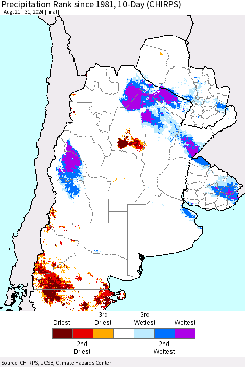 Southern South America Precipitation Rank since 1981, 10-Day (CHIRPS) Thematic Map For 8/21/2024 - 8/31/2024