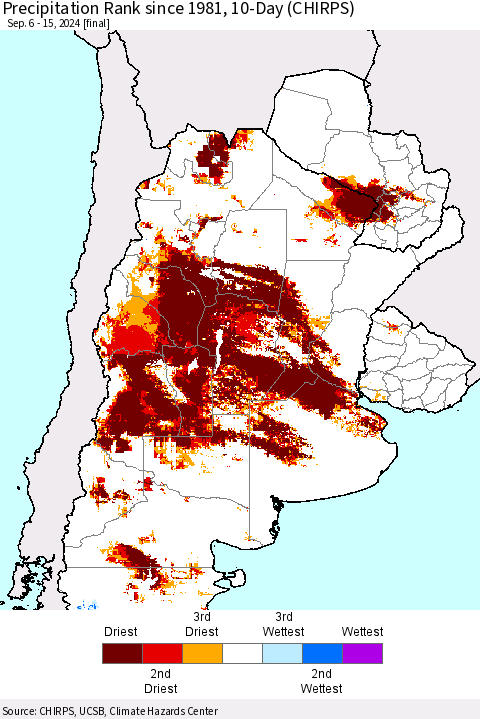Southern South America Precipitation Rank since 1981, 10-Day (CHIRPS) Thematic Map For 9/6/2024 - 9/15/2024