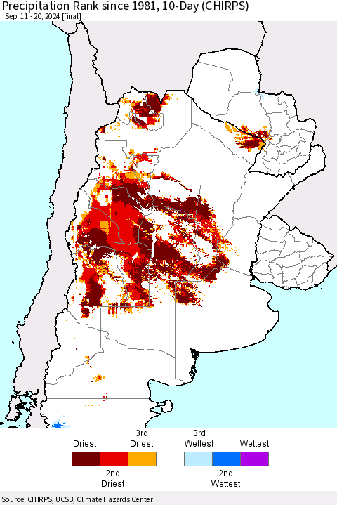 Southern South America Precipitation Rank since 1981, 10-Day (CHIRPS) Thematic Map For 9/11/2024 - 9/20/2024